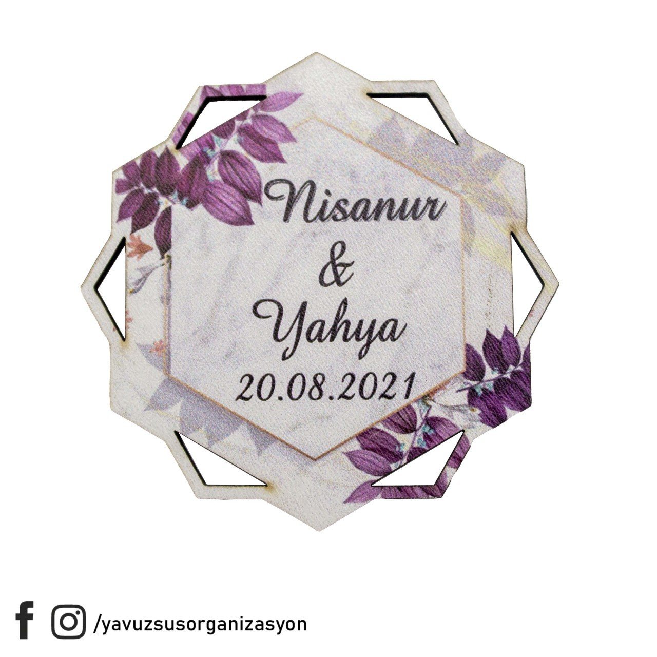 UV Baskılı Köşeli Çiçek Desenli Ahşap Nişan Süsü