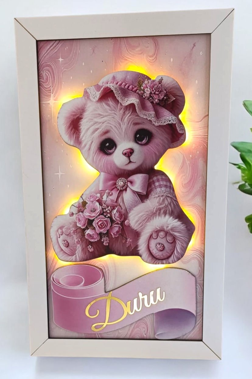 Çerçeveli zemini desenli ışıklı pembe ayıcıklı kap