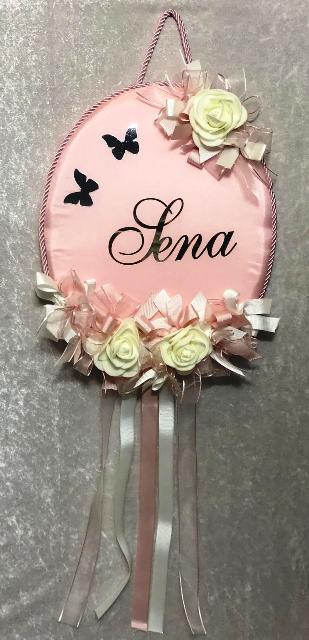 Oval Çiçekli Kelebekli Bebek Süsü YASTIK PEMBE