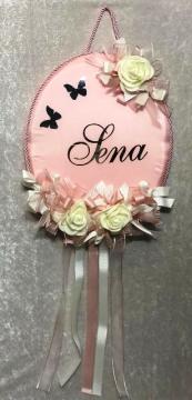 Oval Çiçekli Kelebekli Bebek Süsü YASTIK PEMBE