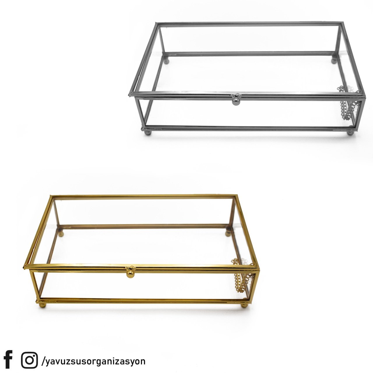 Metal Kenarlıklı Kapaklı Cam Kutu (25x15x6cm) ( cam kapaklı kutu )