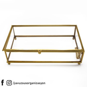 Metal Kenarlıklı Kapaklı Cam Kutu (25x15x6cm) ( cam kapaklı kutu ) ALTIN