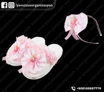 biblolu lohusa terlik ve tacı BEYAZ UZERI PEMBE