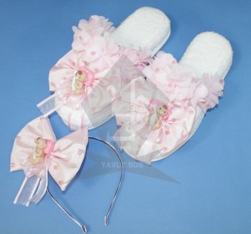 biblolu lohusa terlik ve tacı PEMBE UZERI SUSLU