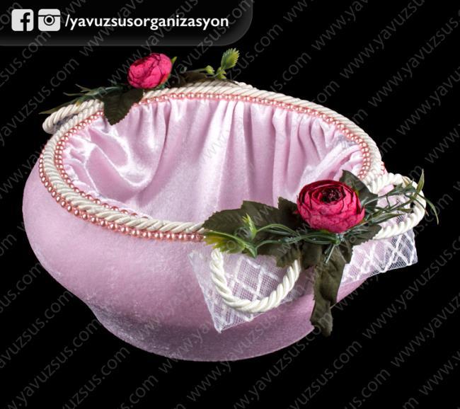 Kadife kumaş çift çiçekli kulpsuz sepet PEMBE