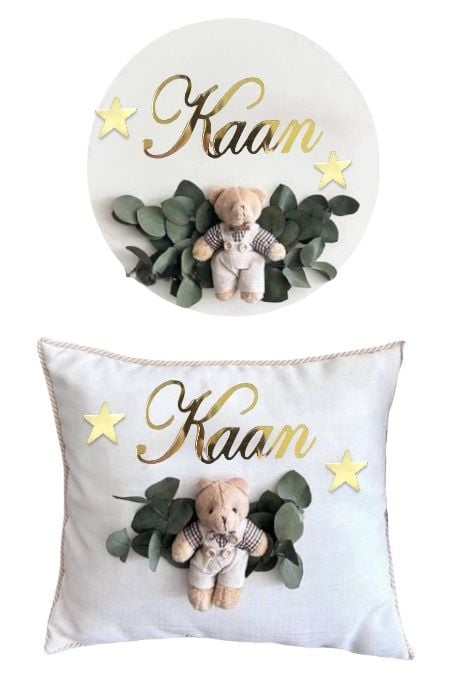 İsme Özel Ayıcık Dekorlu Kapı süsü&Yastık Takım