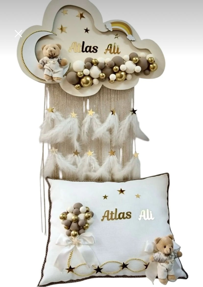 Krem kahve  püsküllü Bulut Kapı Süsü&Yastık Takım