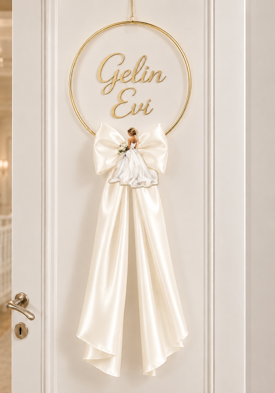 Saten kumaşlı pleksi gelin evi kapı süsü