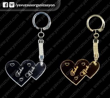 Pleksi ikili kalp anahtarlık GUMUS