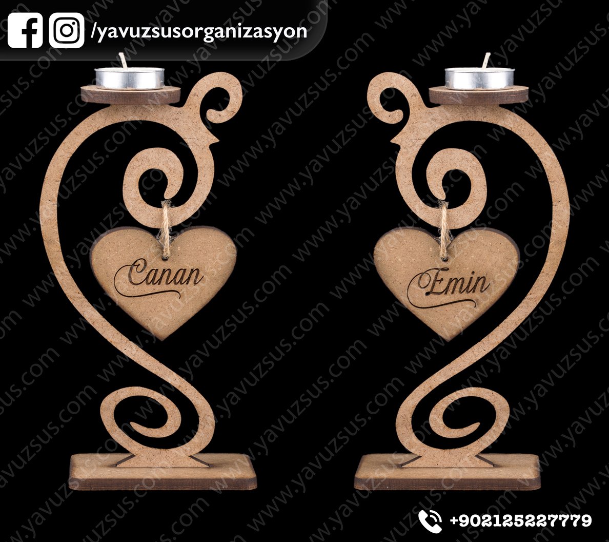 2 li  isme özel 6mm ahşap şamdan (20,5*10cm)