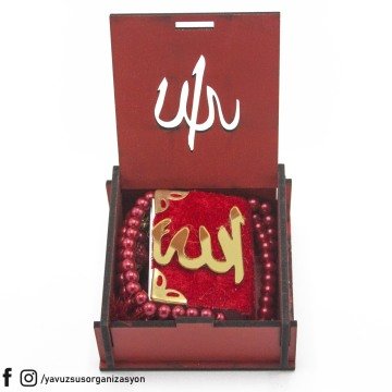 Ahşap Kutulu Kuranlı Tesbihli Hediyelik KIRMIZI