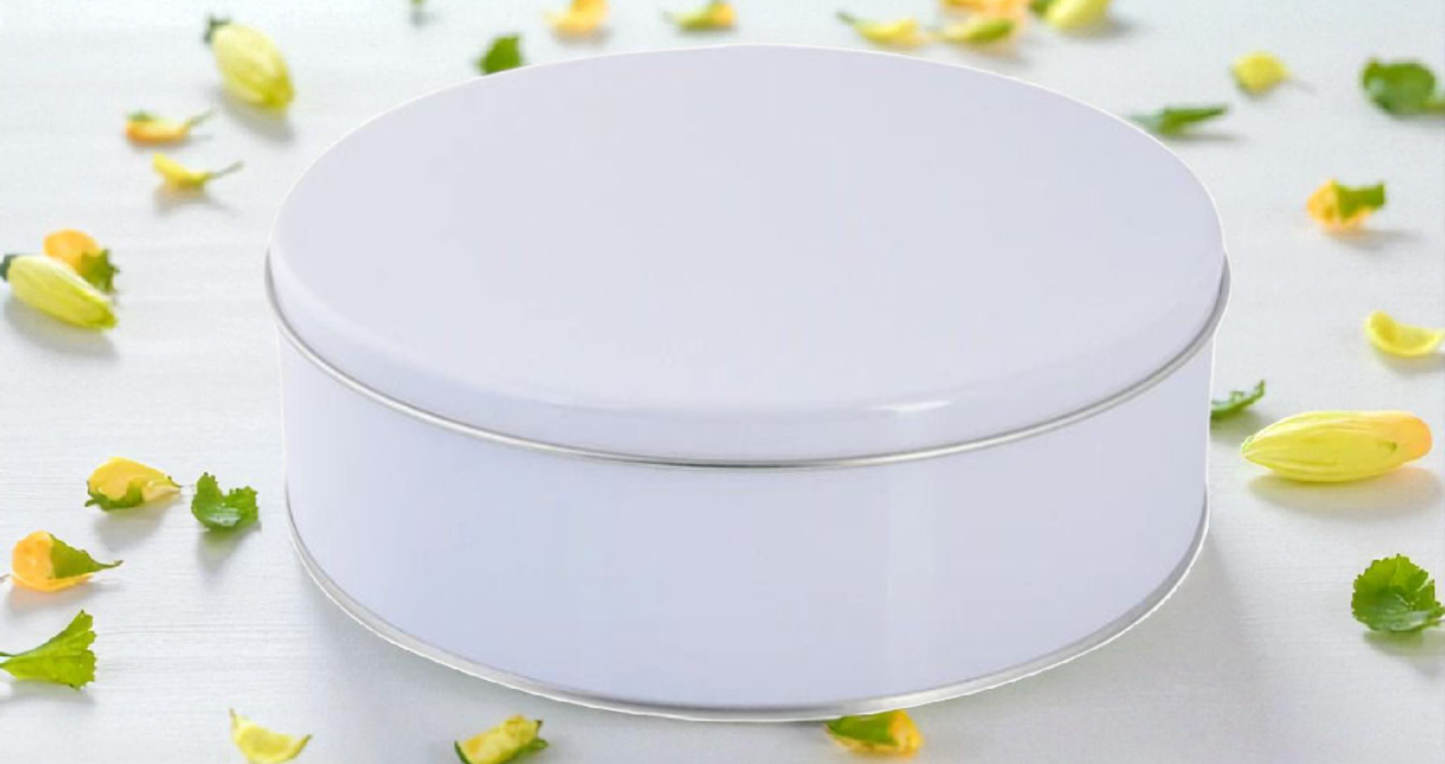 Beyaz Yuvarlak Teneke Çikolata Kutusu(21 cm altın yaldızlı)