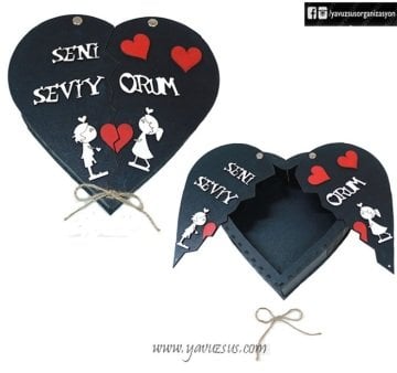 Siyah Ahşap Seni Seviyorum Kalp Kutu(20*20*7cm)