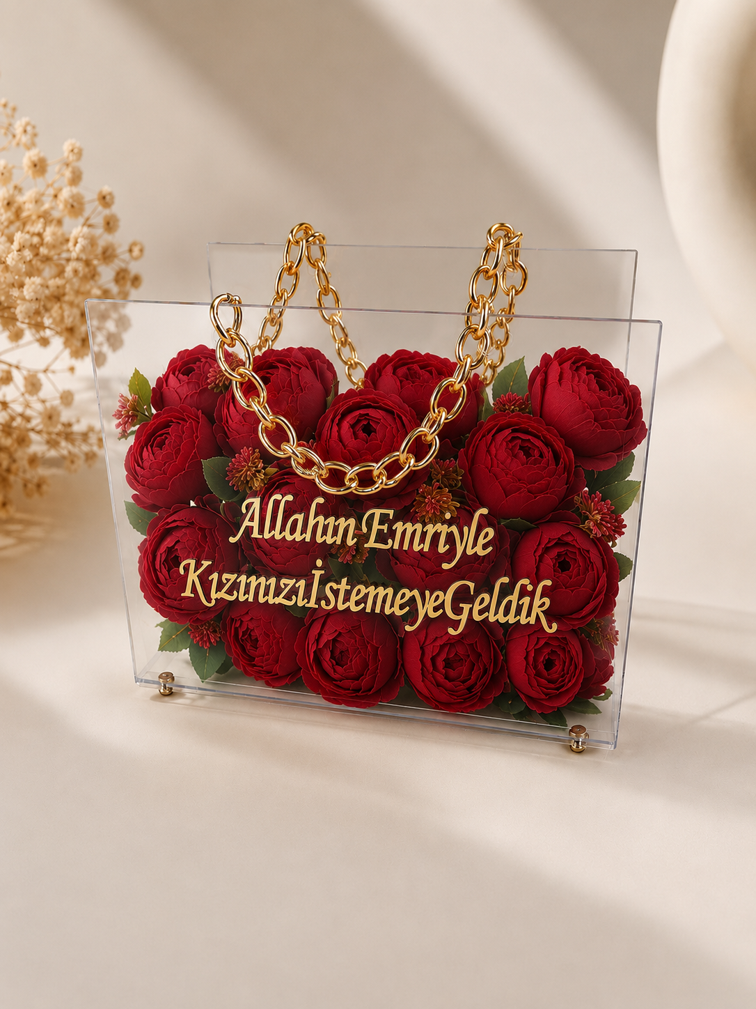 Kız isteme Çiçeği & Mika zincirli çiçek çantası