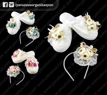 özel incili çiçekli lohusa terlik&taç KREM SUSLU