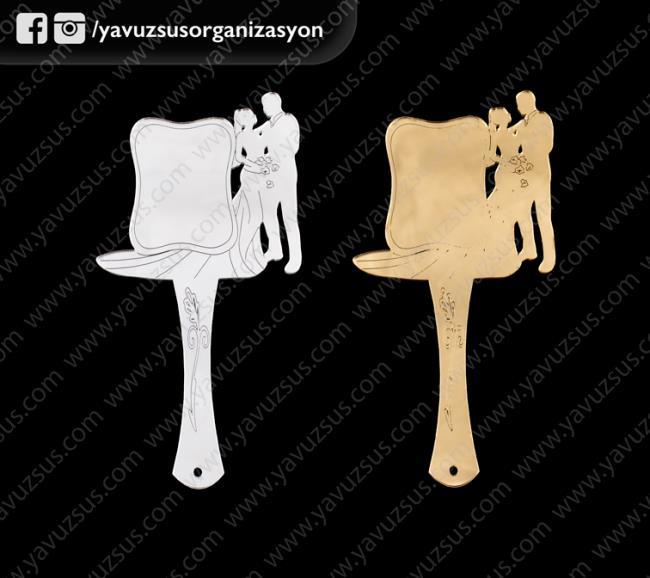 Pleksi saplı gelin damatlı  ayna 6 x 12cm GUMUS