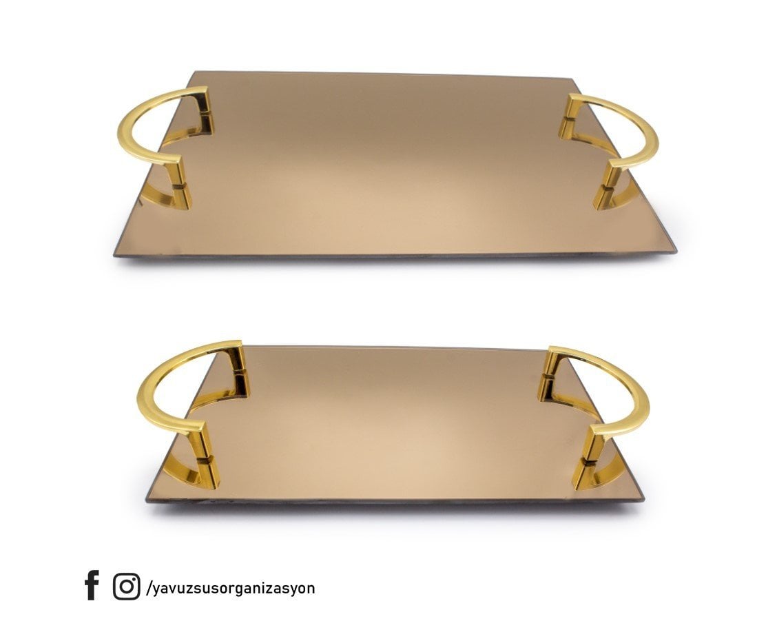 Aynalı Metal Kulplu Tepsi Seti ALTIN