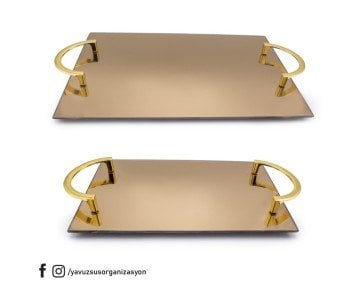 Aynalı Metal Kulplu Tepsi Seti ALTIN