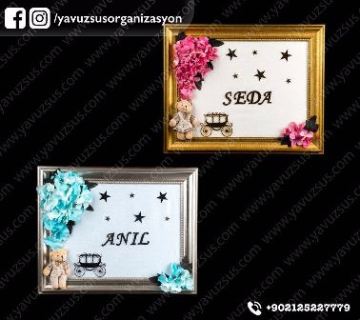 Ahşap ayıcıklı cerçeve kapı süsü MAVI