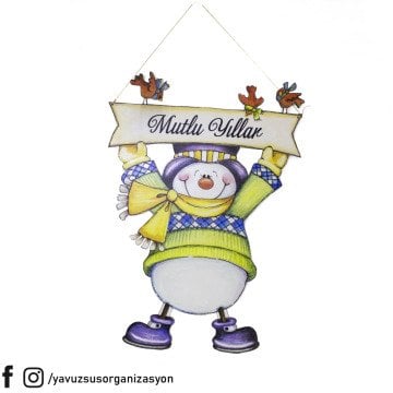 Ahşap Mutlu Yıllar Kardan Adam Kapı Süsü (44x31cm)