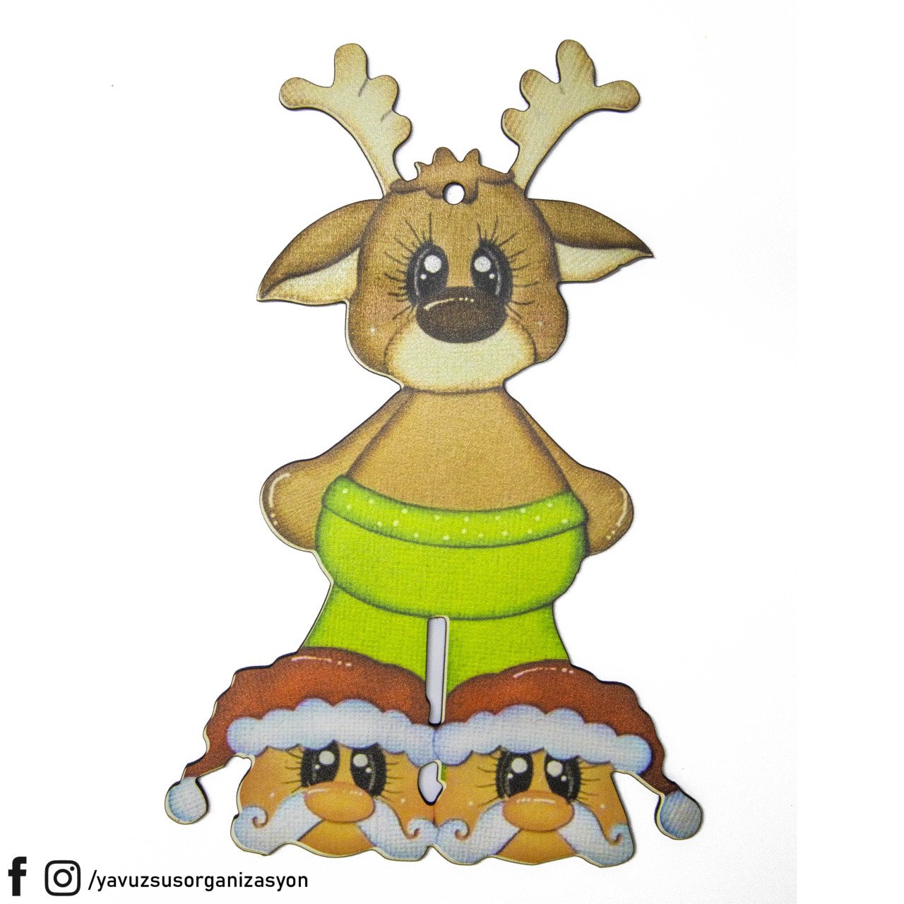 Ahşap Yılbaşı Geyikli Büyük Ağaç Süsü (20x13cm)