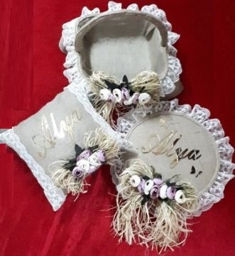 Hasır dantelli kapı süsü&sepet&yastık set PEMBE
