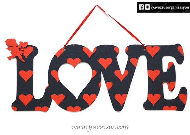 Ahşap Kalpli Eroslu Love Dekor(50*20cm)