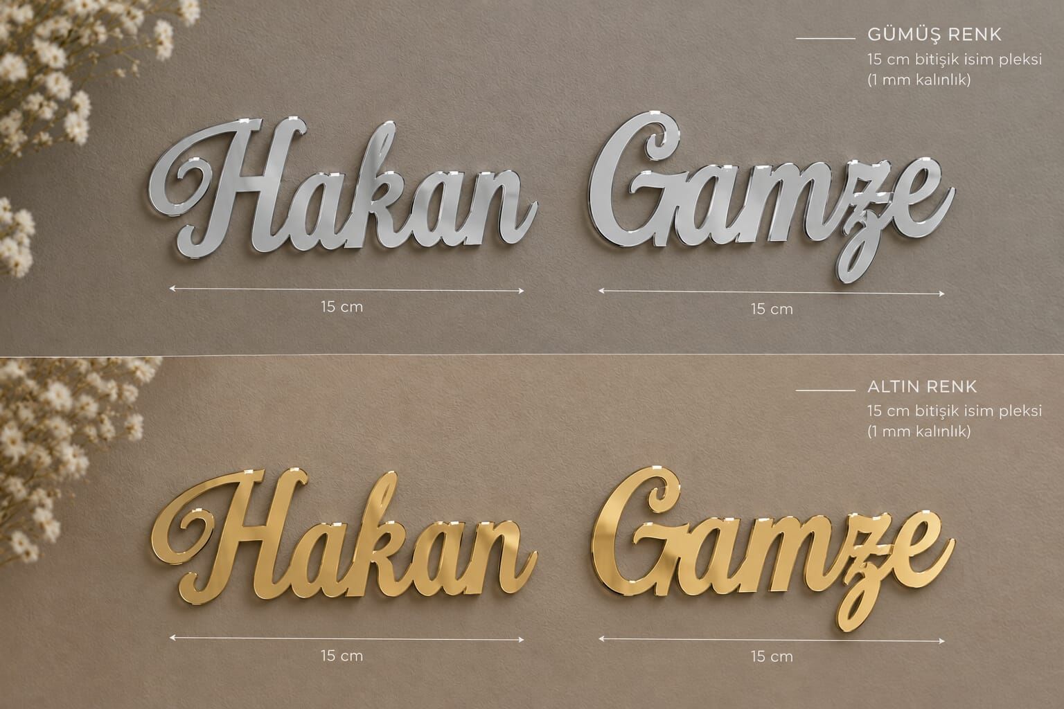 Pleksi Bitişik İsim (Pleksi isim) GUMUS 1MM 15CM