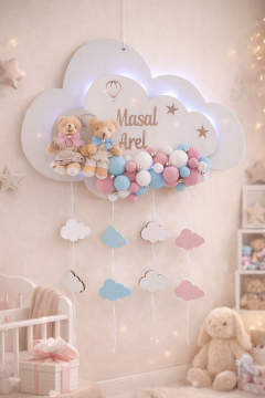 İkiz Bebek İçin Işıklı  Kabartmalı Bulut Kapı Süsü