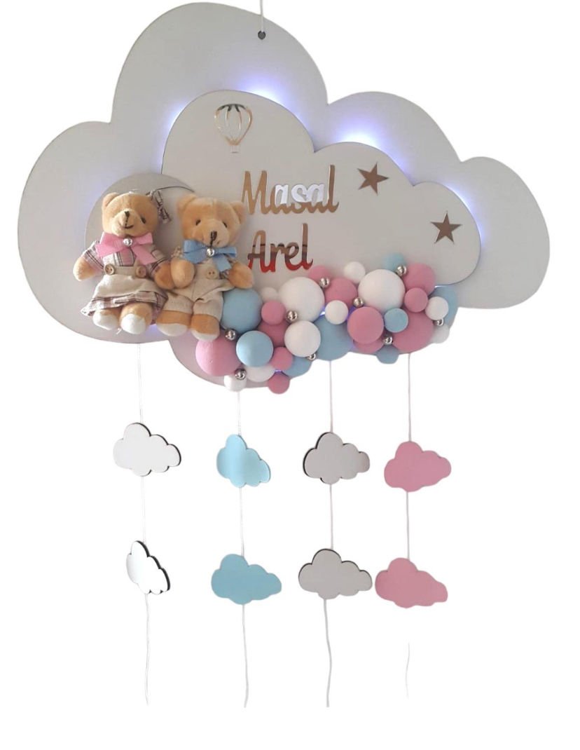 İkiz Bebek İçin Işıklı  Kabartmalı Bulut Kapı Süsü