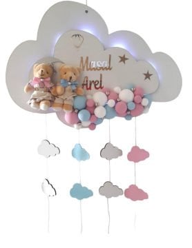 İkiz Bebek İçin Işıklı  Kabartmalı Bulut Kapı Süsü