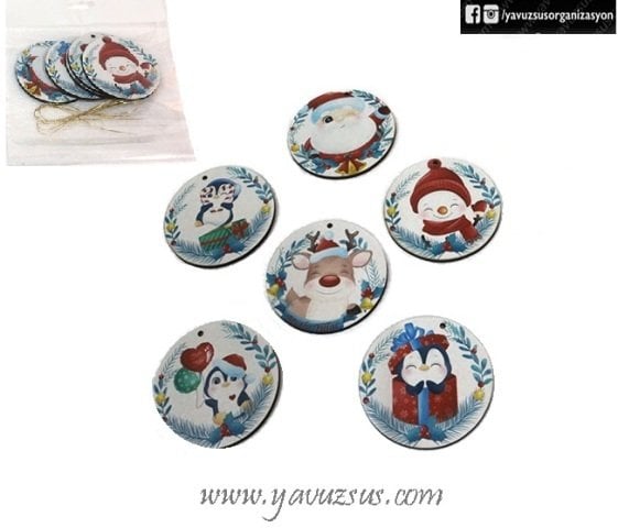 6 lı Yuvarlak Ahşap Yılbaşı Ağacı Süsü