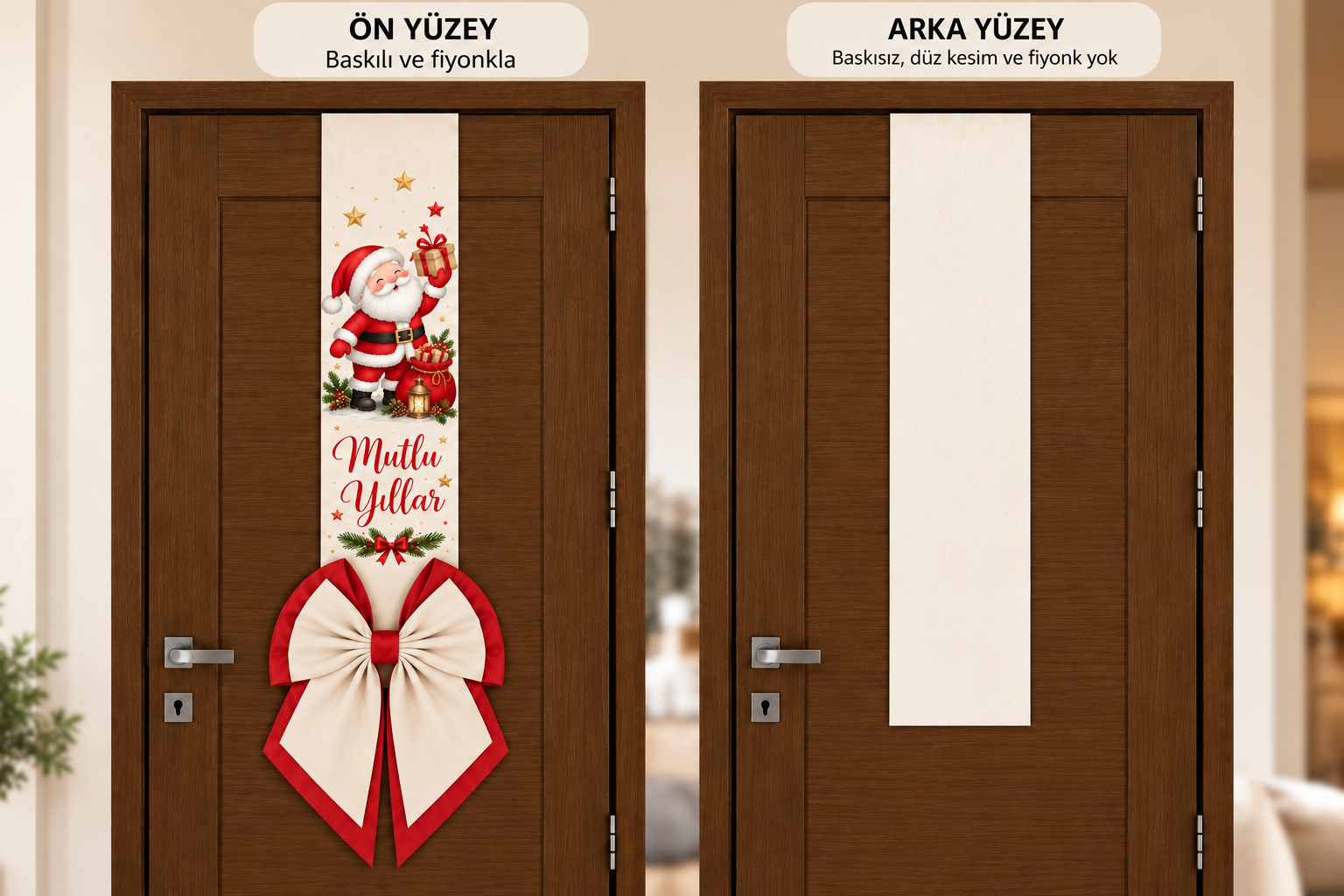 Tek taraflı Noel Baba - kardan adam Yılbaşı Kapı Süsü – Çift Kat Fiyonklu 175 cm( 1 adettir)