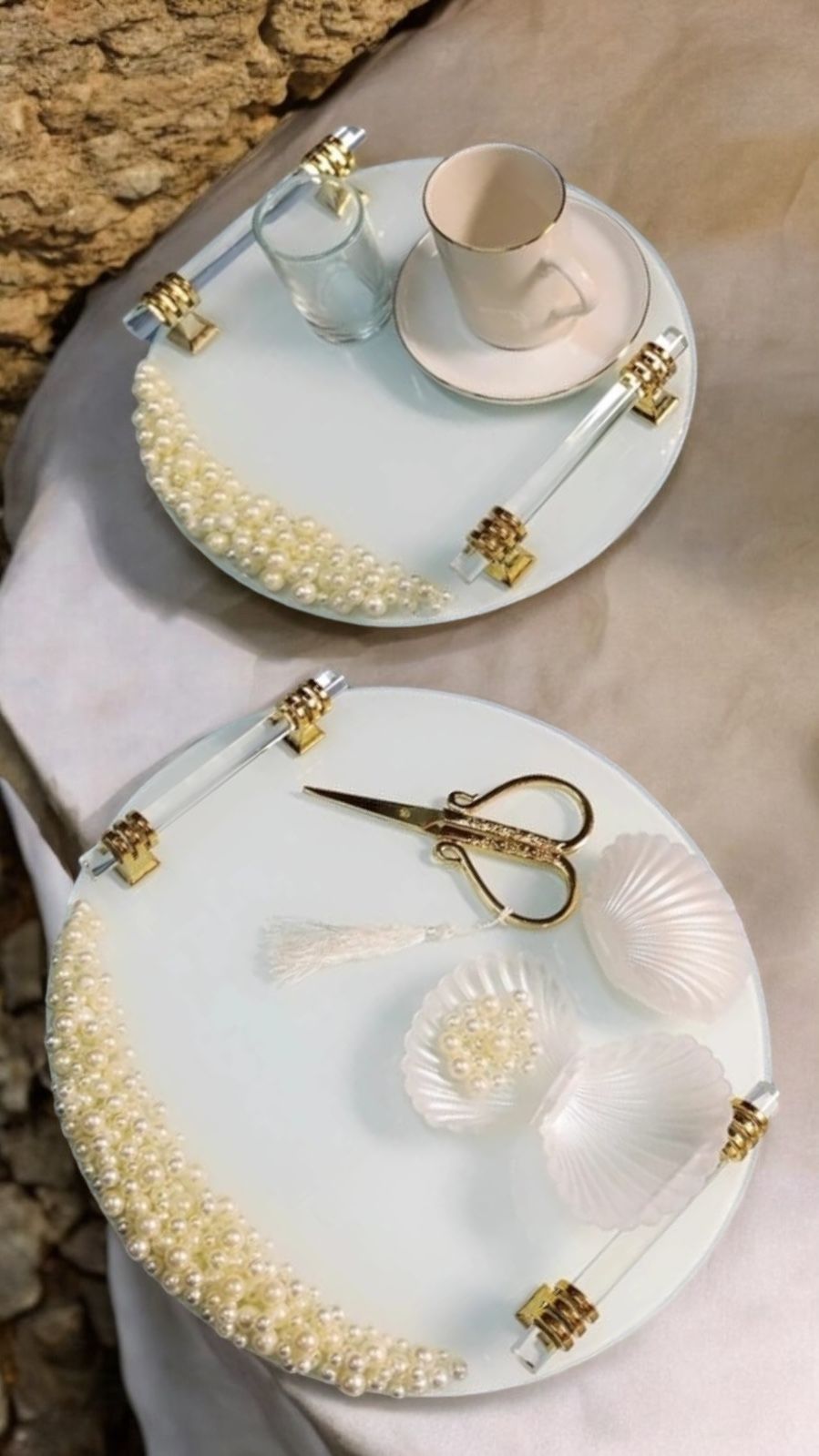 İnci Dekorlu Süslü Yuvarlak Buzlu Tepsi Seti