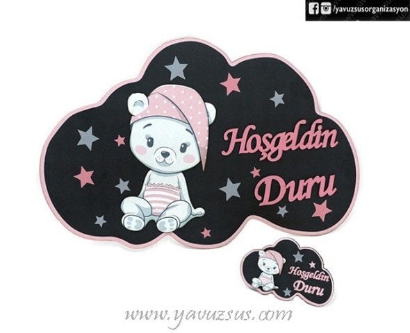 Bulut Üstüne Kabartmalı Uykucu Ayıcık  Kapı Süsü