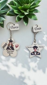 Mezuniyete özel Ahşap papatya & yıldız anahtarlık