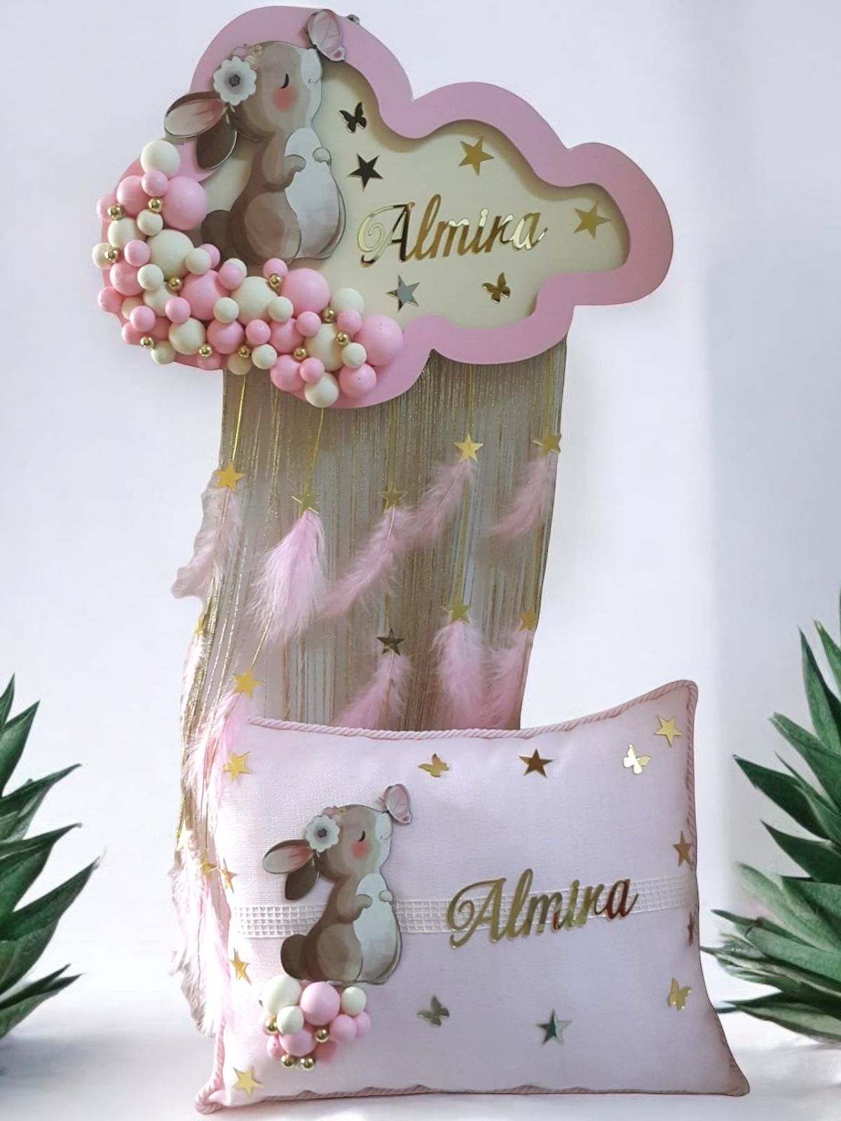 Işıklı Tavşan dekorlu püsküllü Bulut Kapı süsü & Yastık