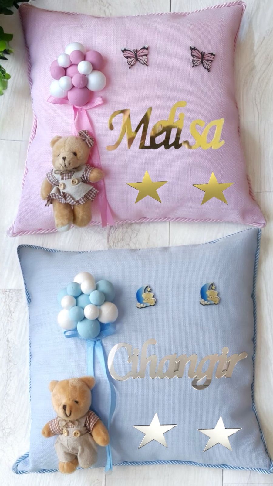 Pembe & Mavi Üzerine Top Dekor.Ayıcıklı Takı Yastığı