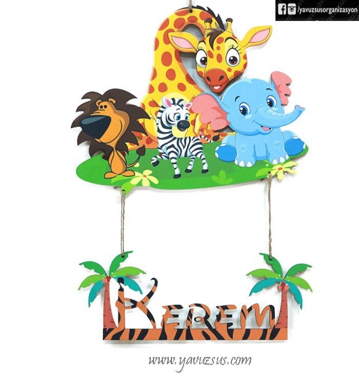 Safari Konseptli İsme Özel  Ahşap Kapı Süsü