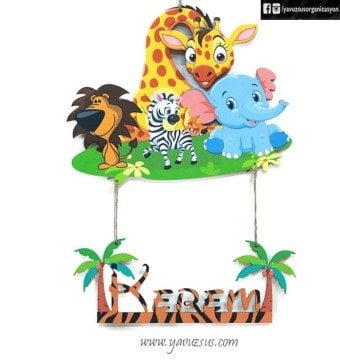 Safari Konseptli İsme Özel  Ahşap Kapı Süsü