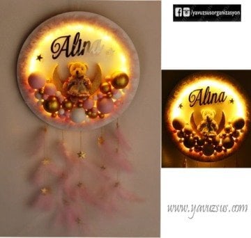 Işıklı Tüylü  İsme Özel Toplu Kapı Süsü(Beyaz)