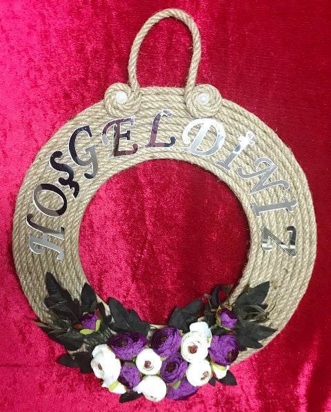 Hasır kraft rengi ortası boş örgü ipli kapı süsü