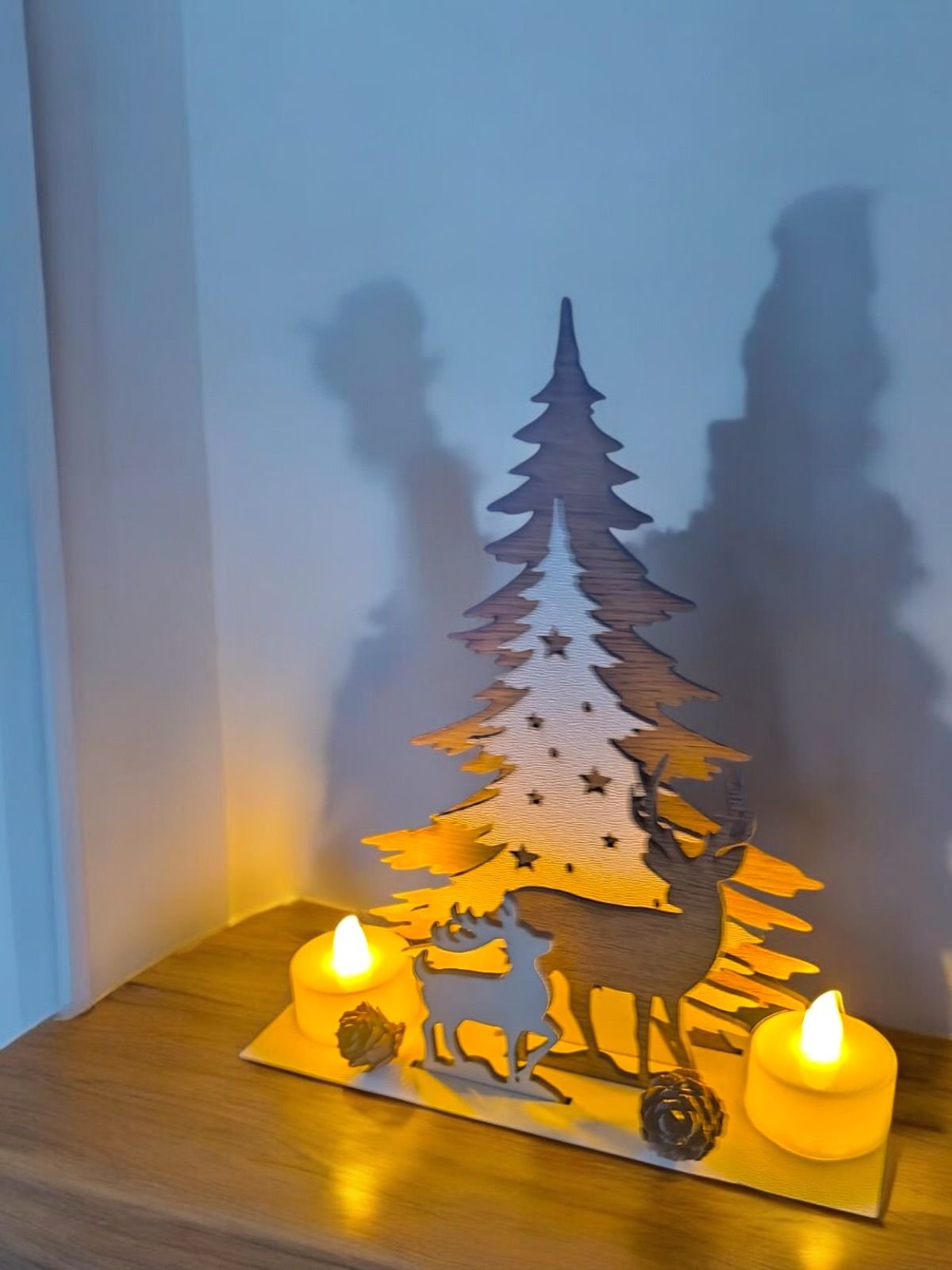 Işıklı Tealight mumlu Ahşap masa üstü yılbaşı dekor