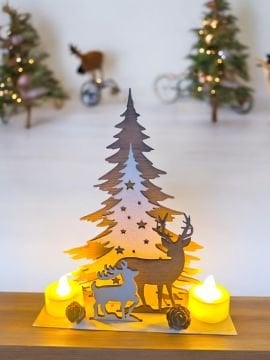 Işıklı Tealight mumlu Ahşap masa üstü yılbaşı dekor