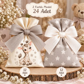 İki Renkli Baskılı Kese Seti – İsimli Bebek Hediyelik Kesesi 24 Adet 9×12 cm