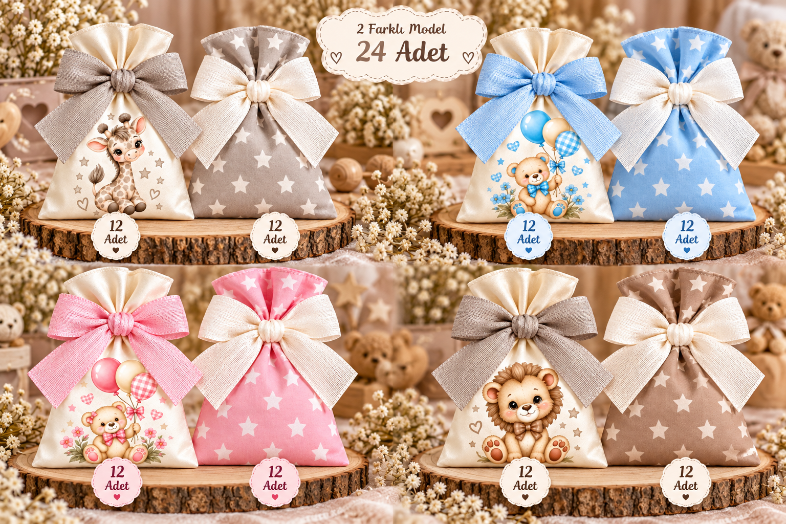 İki Renkli Baskılı Kese Seti – İsimli Bebek Hediyelik Kesesi 24 Adet 9×12 cm