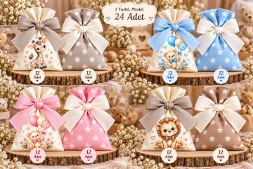 İki Renkli Baskılı Kese Seti – İsimli Bebek Hediyelik Kesesi 24 Adet 9×12 cm