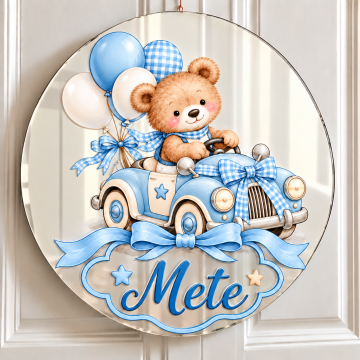 Gümüş Pleksi Bebek Kapı Süsü – 30 cm İsimli UV Baskılı Model Mavi Ayıcık