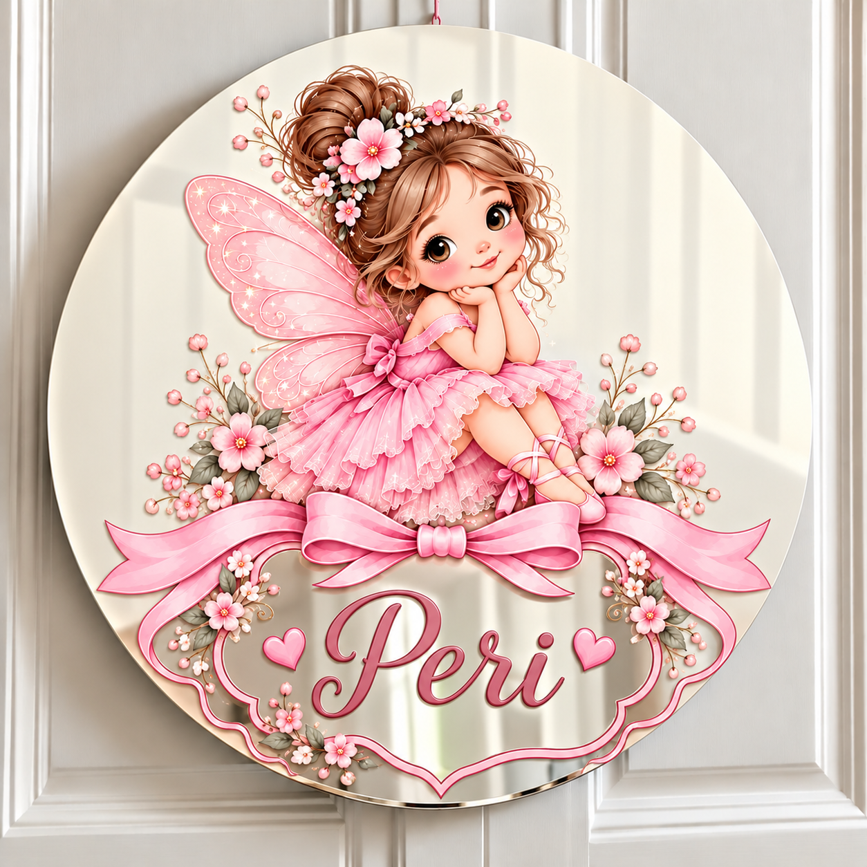 Gümüş Pleksi Bebek Kapı Süsü – 30 cm İsimli UV Baskılı Model Peri