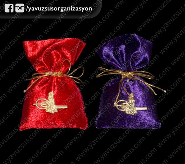 lavantalı kadife osmanlı tuğralı kese KIRMIZI